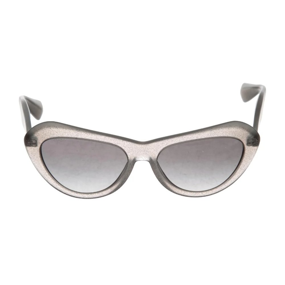 Miu Miu by Prada Gray Silver Glitter Cat Eye Sunglasses Tinted Logo at Temples